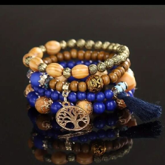 Blue and Gold Beaded Bracelet Set - Picture 1 of 4
